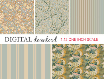 Preview image of 1:12 scale printable dollhouse wallpaper in gold and light blue, designed for miniatures and shown as digital sheets ready for instant download and printing.